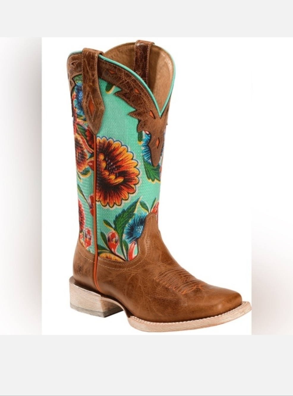 AKIRA Brown Leather Western Ankle Boots with Teal Floral Embroidery Size 8.5
